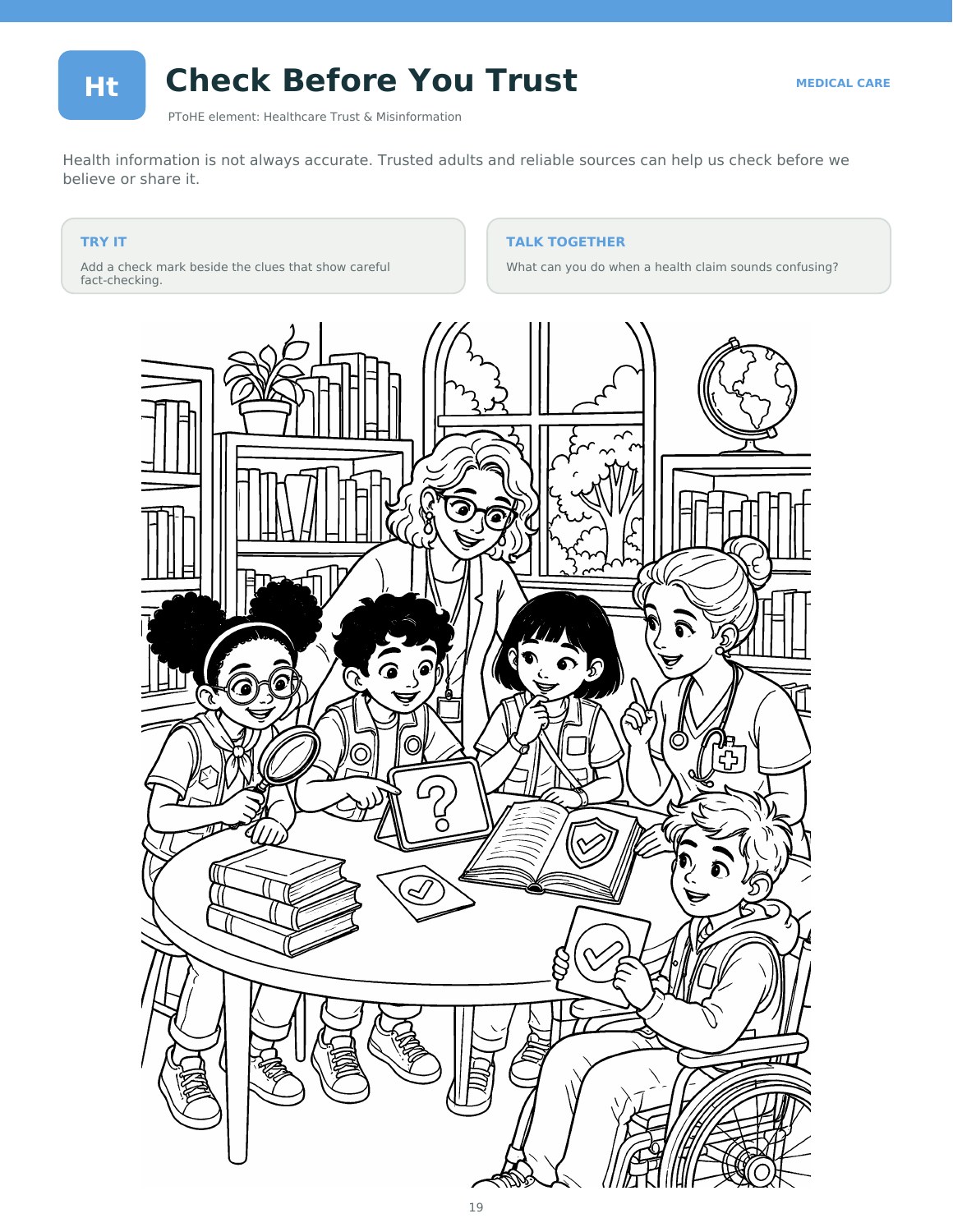 Check Before You Trust coloring page with children and trusted adults investigating information in a library.