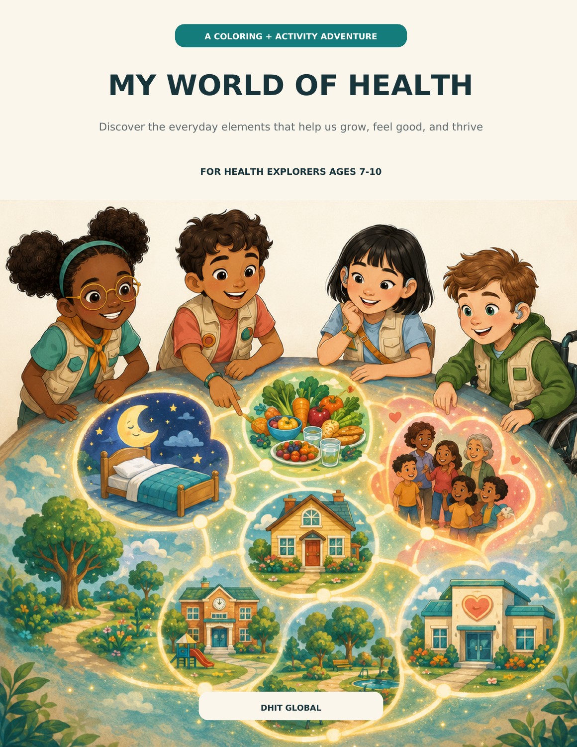 The front cover of My World of Health, with four Health Explorers discovering everyday health elements.