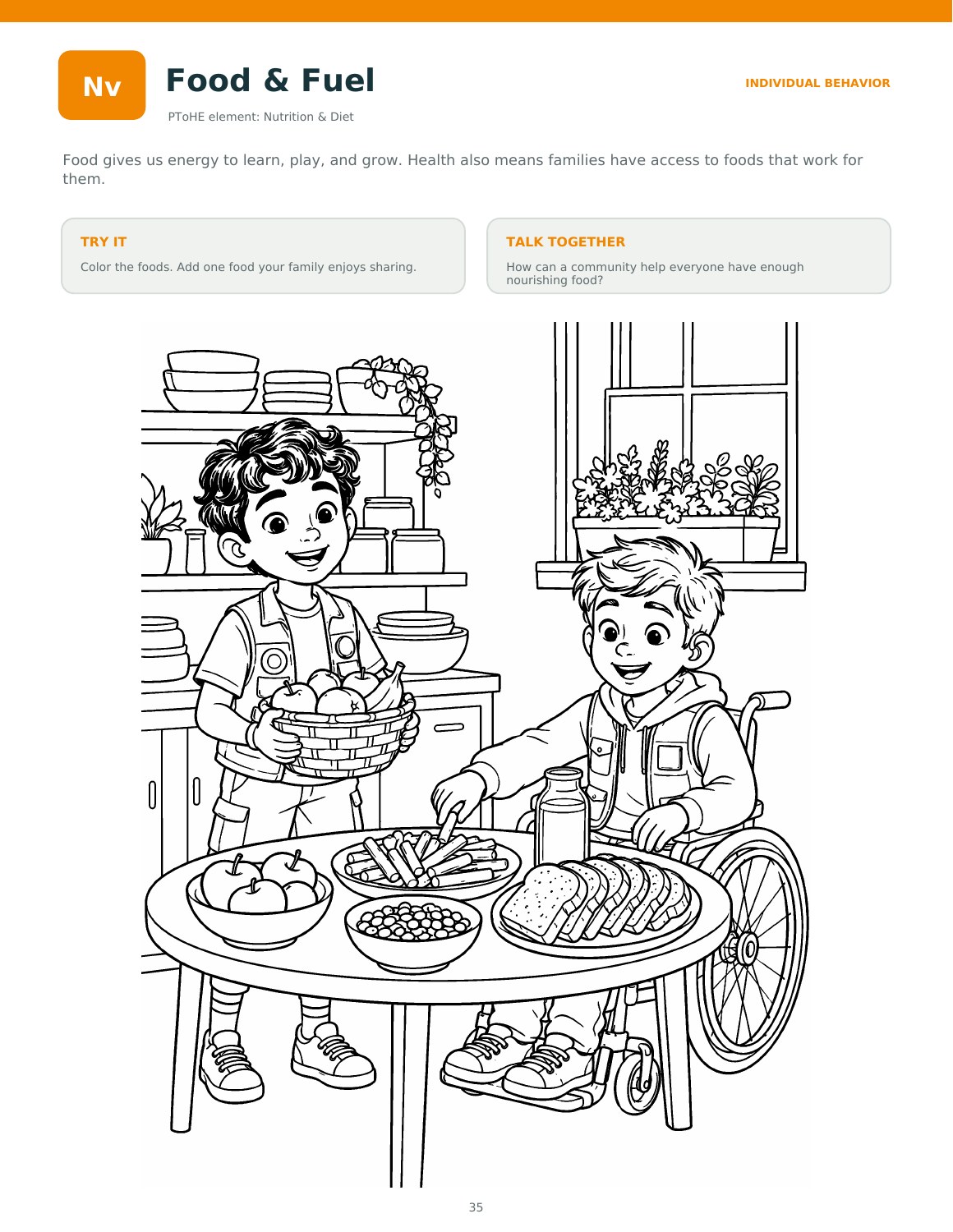 Food & Fuel coloring page showing two children preparing a meal.