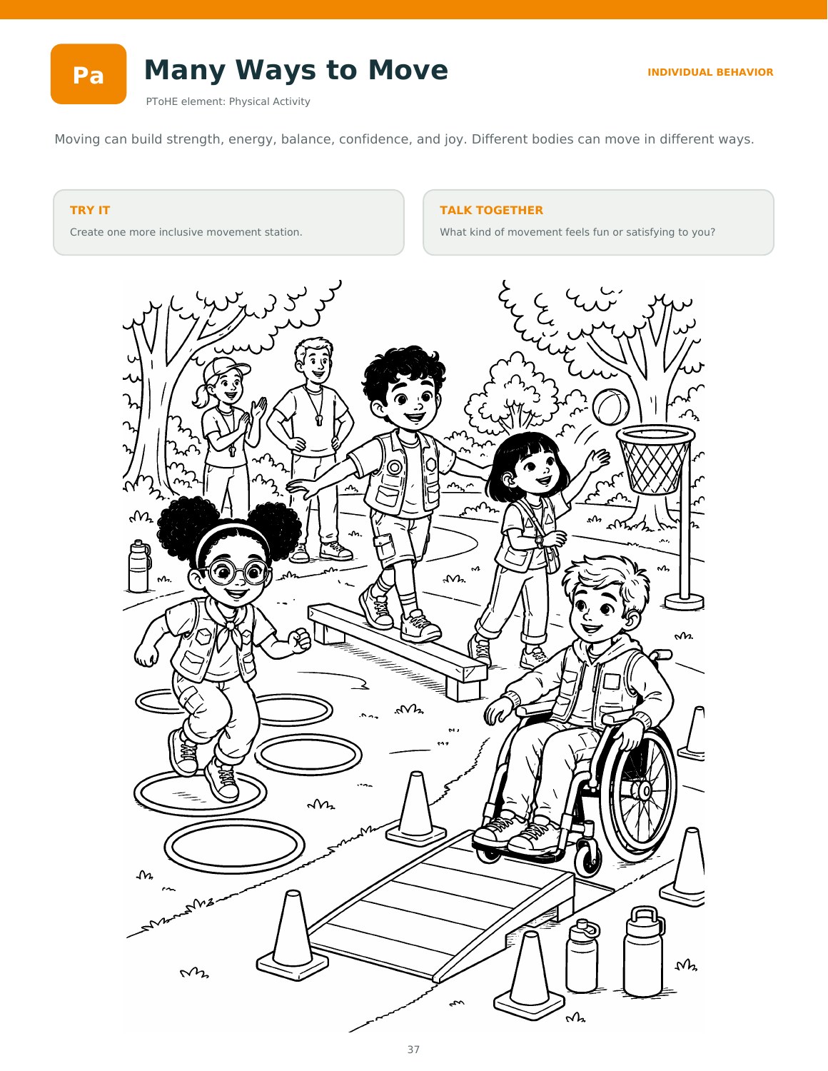 Many Ways to Move coloring page showing children playing together, including a child using a wheelchair.