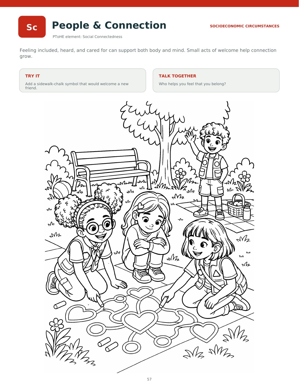 People & Connection coloring page showing children drawing together outdoors.