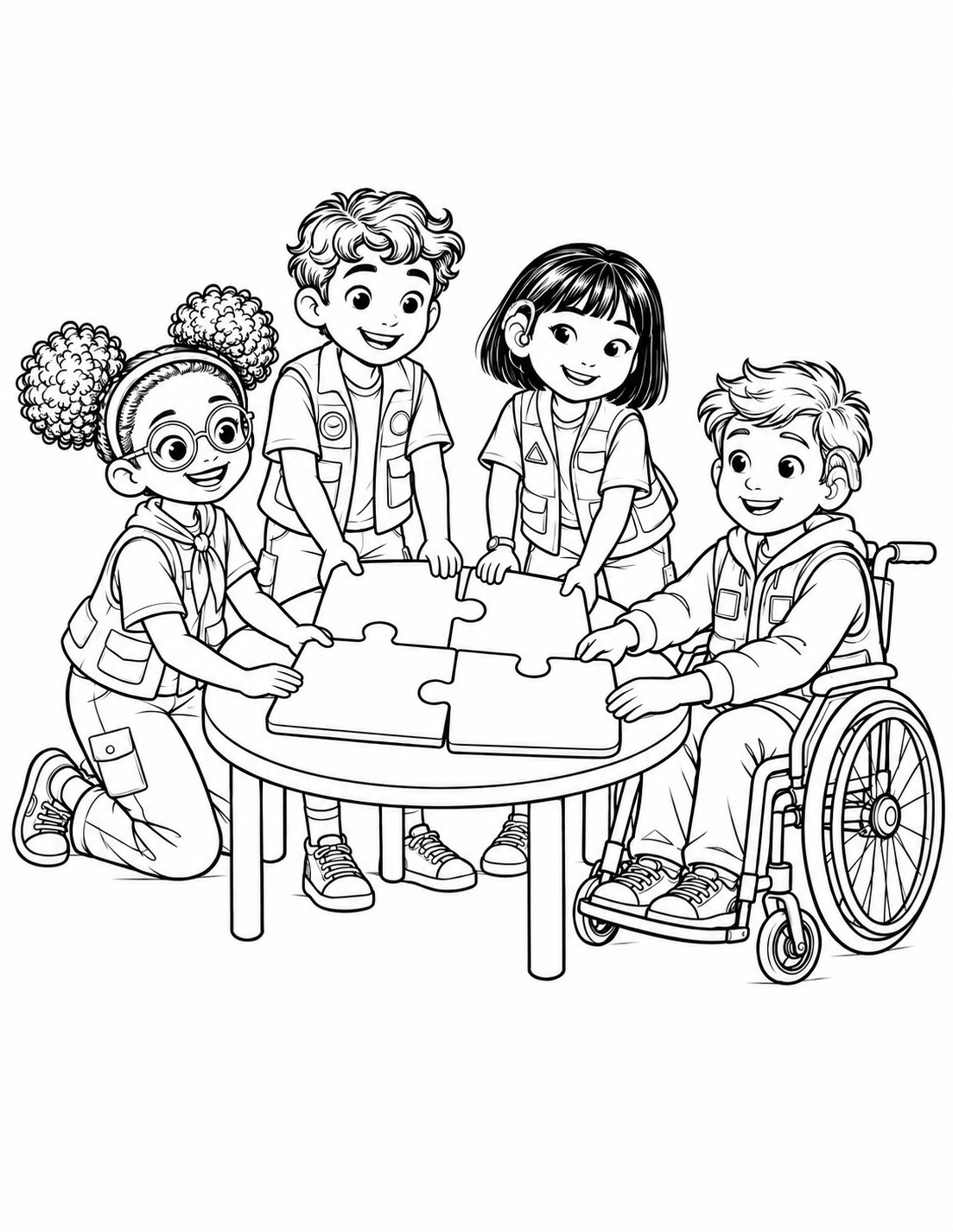Maya, Leo, Sam, and Jordan building a puzzle together