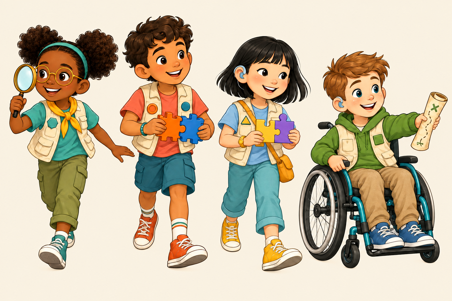 The four Health Explorers, Maya, Leo, Sam, and Jordan
