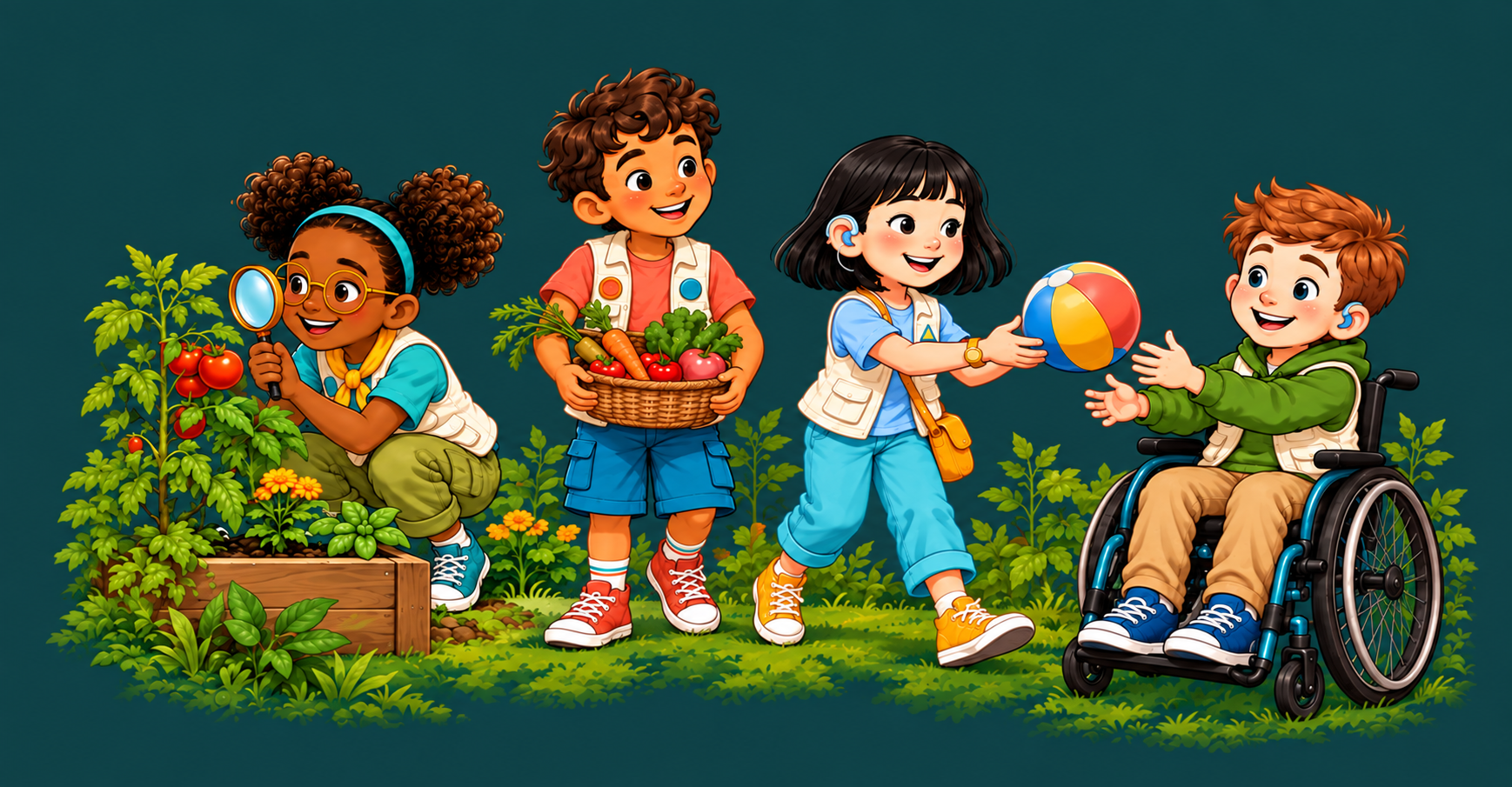 Maya explores a tomato plant, Leo gathers vegetables, and Sam and Jordan play ball together, connecting everyday activities with health.
