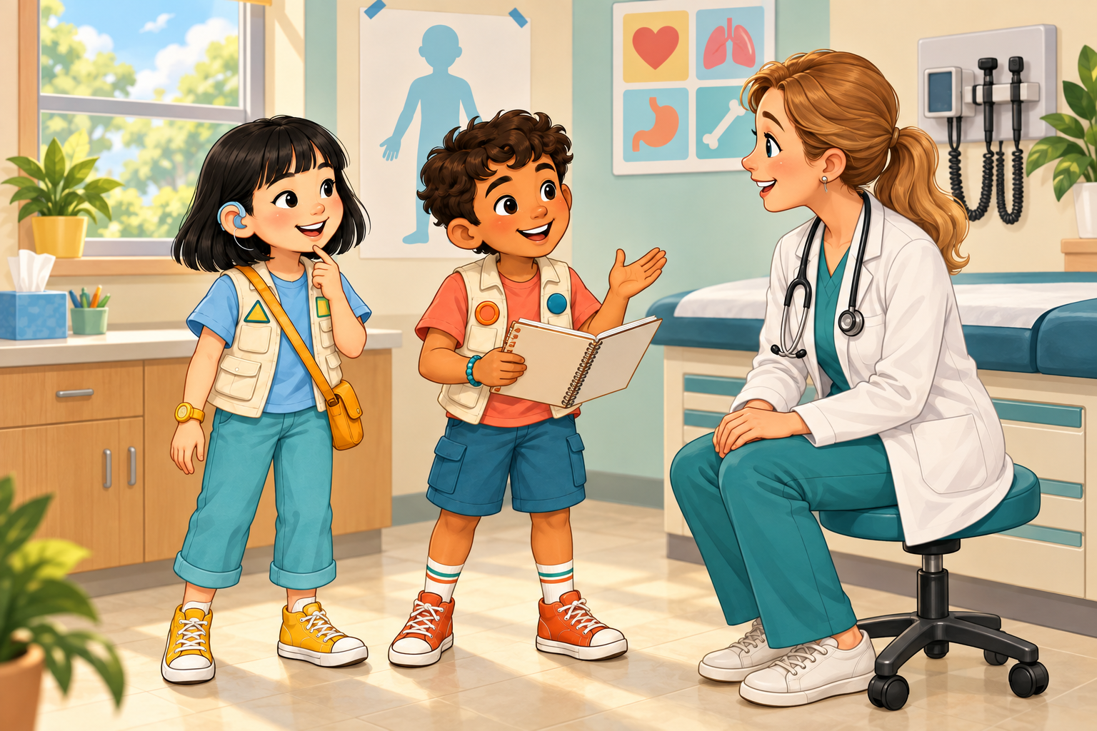 Sam and Leo ask questions and share a notebook with a health professional during a welcoming health visit.